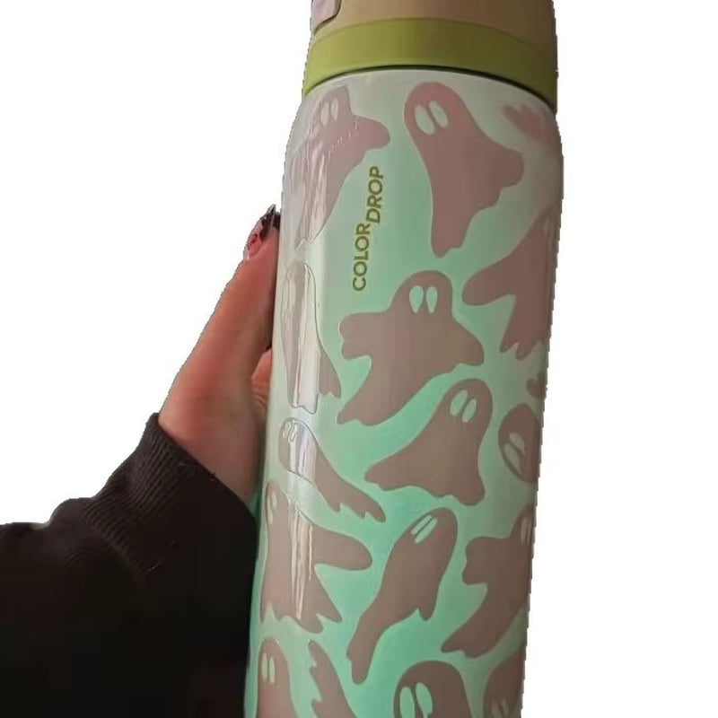 GLOW in the DARK! 32Oz Spooky Ghost Tumbler - Vacuum Insulated Stainless Steel Cup W/ Double Lid, 24H Cold & Hot (Halloween Gift