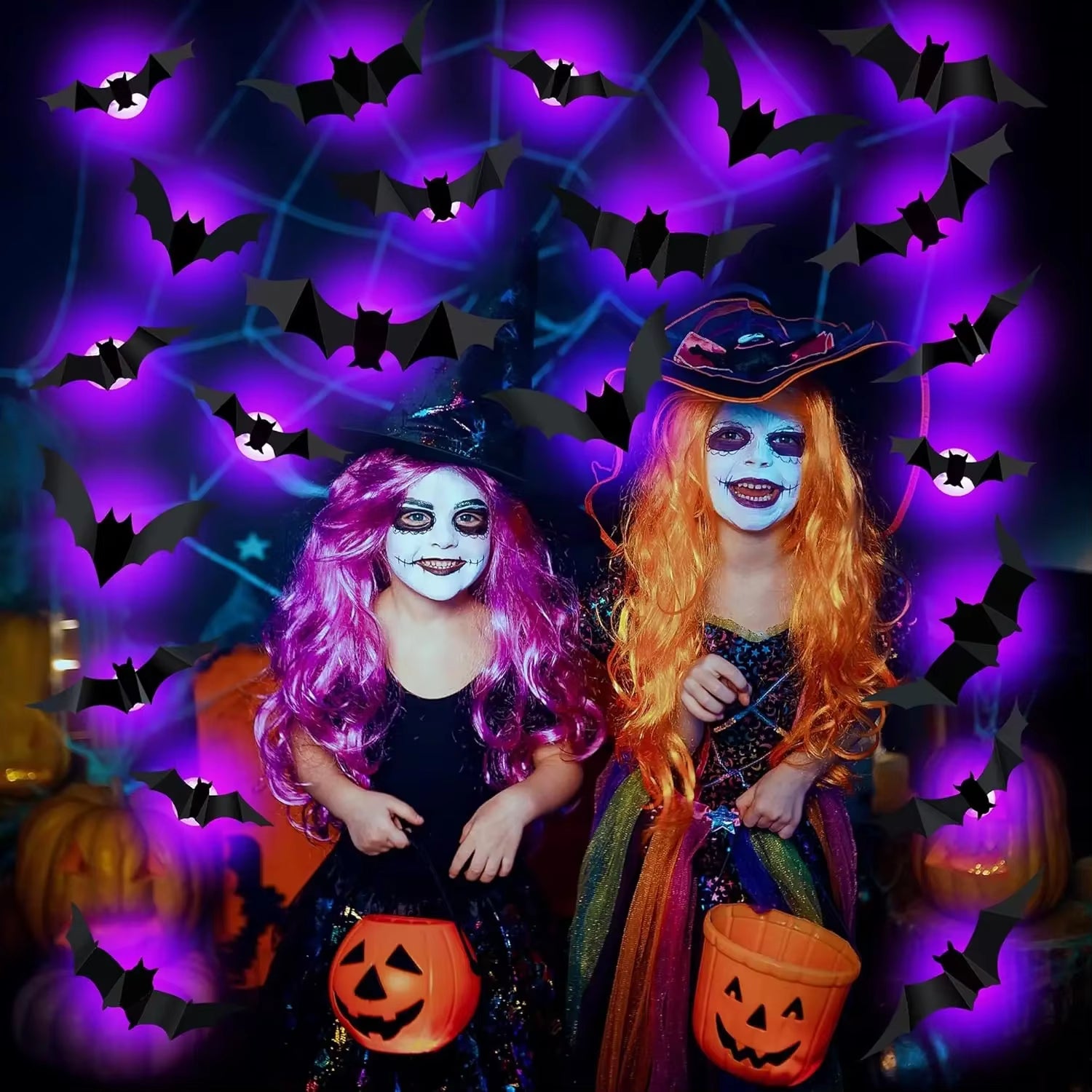 Halloween Bat/Spider Decor Night Light 3D Purple/Green Lights Wall Sticker for Self-Adhesive Decor Halloween Party Decoration