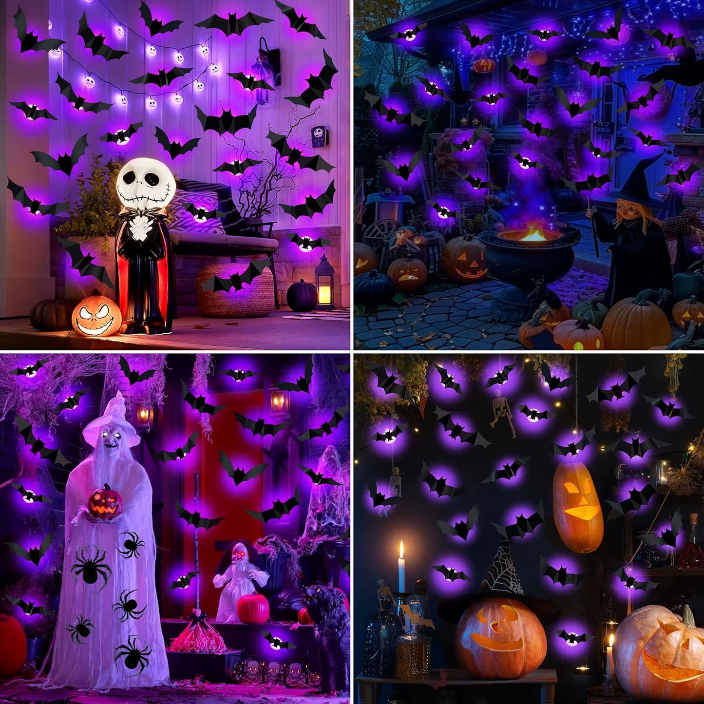 Halloween Bat/Spider Decor Night Light 3D Purple/Green Lights Wall Sticker for Self-Adhesive Decor Halloween Party Decoration