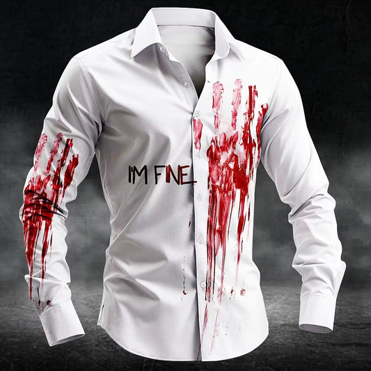 2025 Halloween Men'S Letter Printed Blood Stains Shirt Button up Shirt Long Sleeve Dark Punk Gothic Style Streetwear Men'S Tops