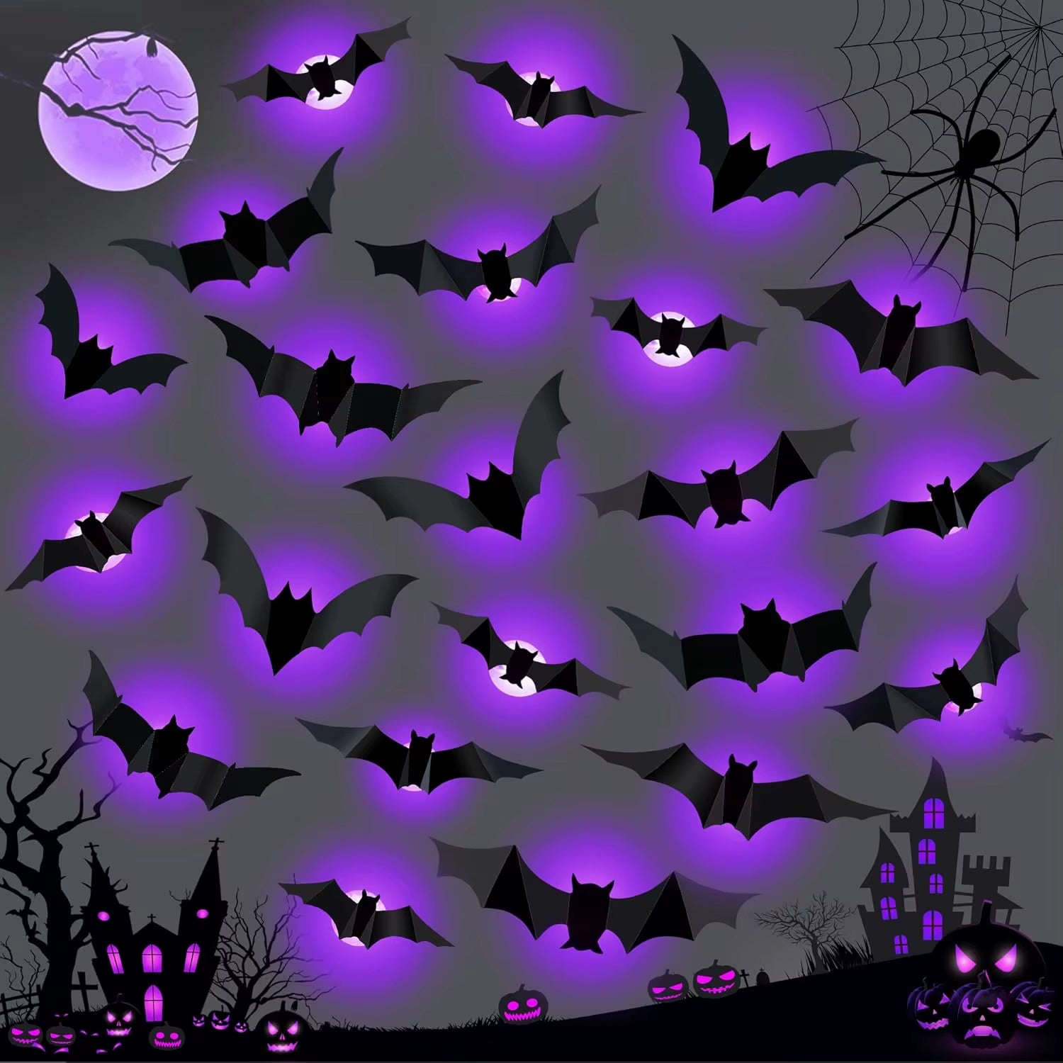 Halloween Bat/Spider Decor Night Light 3D Purple/Green Lights Wall Sticker for Self-Adhesive Decor Halloween Party Decoration