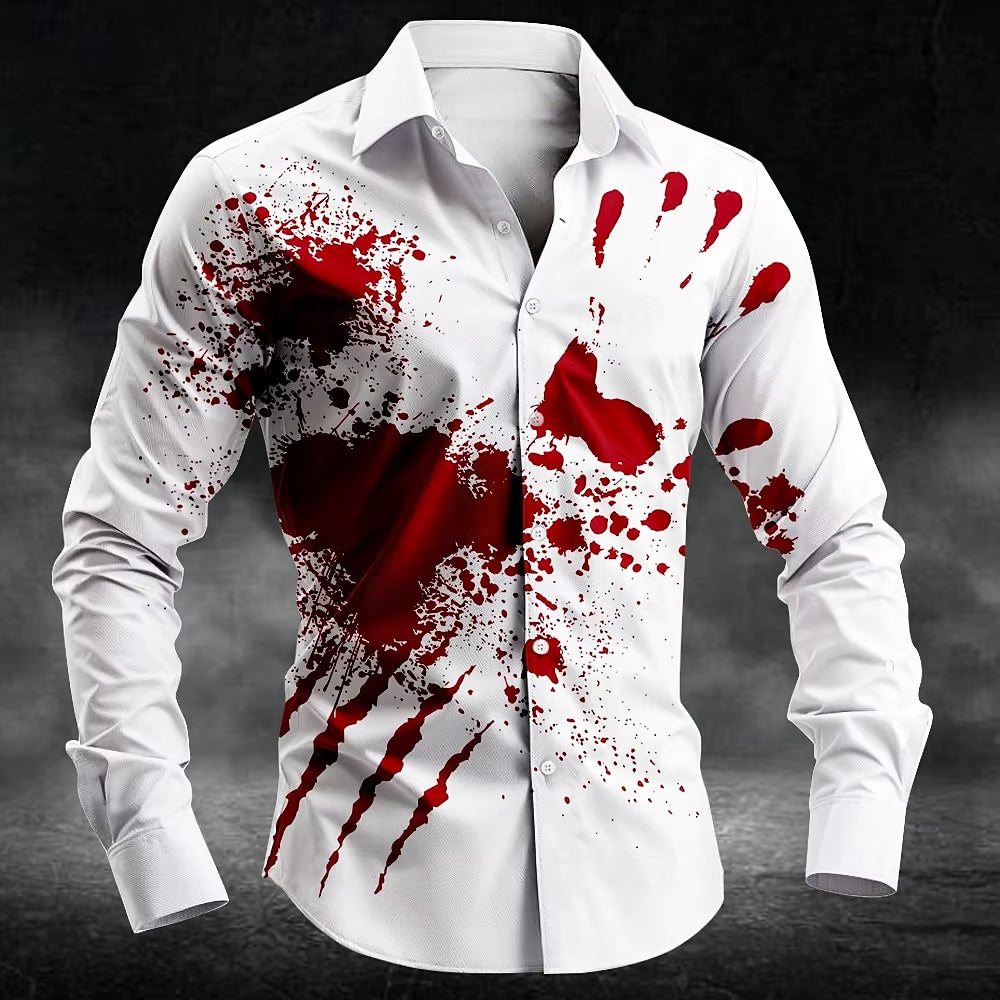 2025 Halloween Men'S Letter Printed Blood Stains Shirt Button up Shirt Long Sleeve Dark Punk Gothic Style Streetwear Men'S Tops